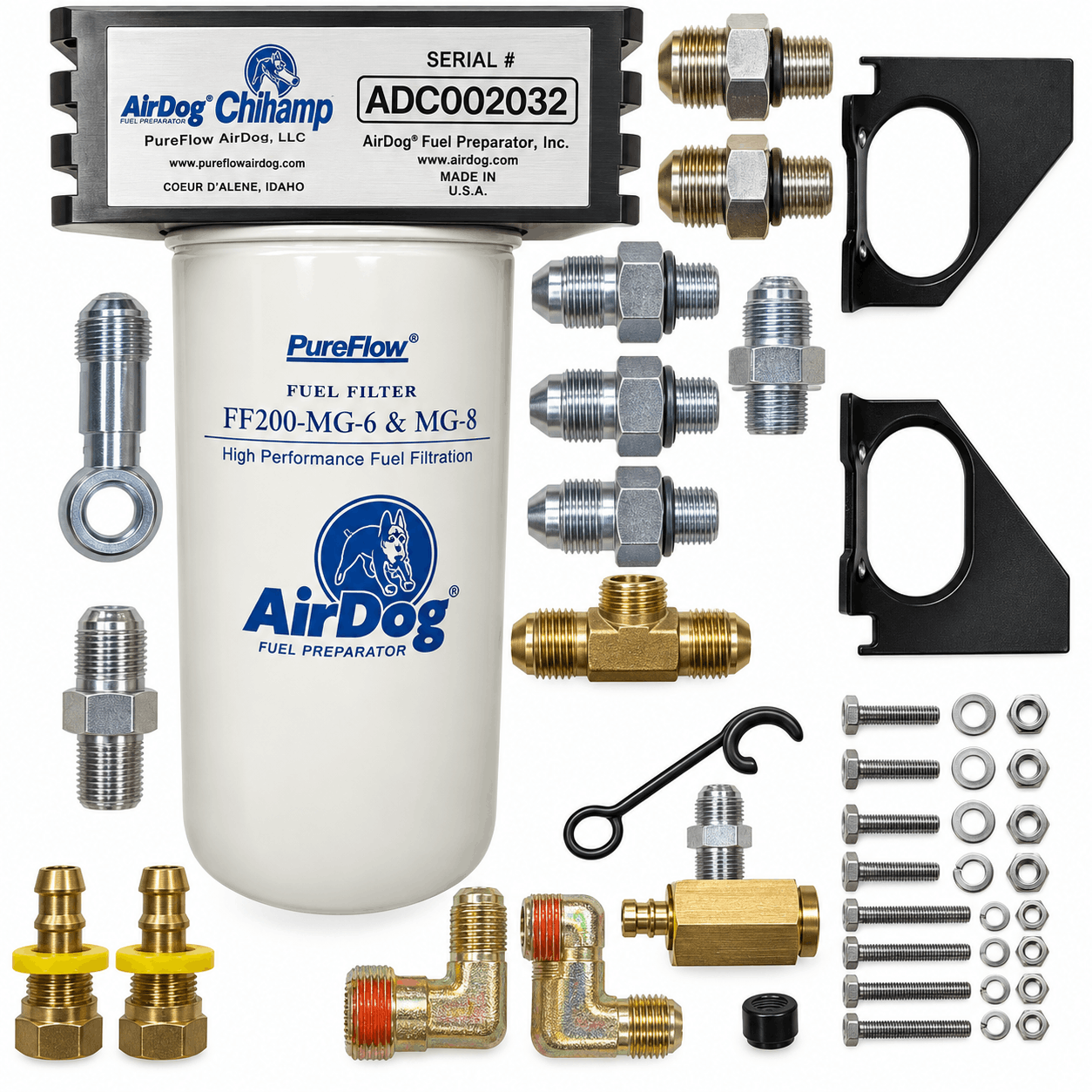 AirDog fuel-water separator kit for diesel Cummins engine AirDog fuel separation kit with filter, fittings, brackets, and mounting hardware