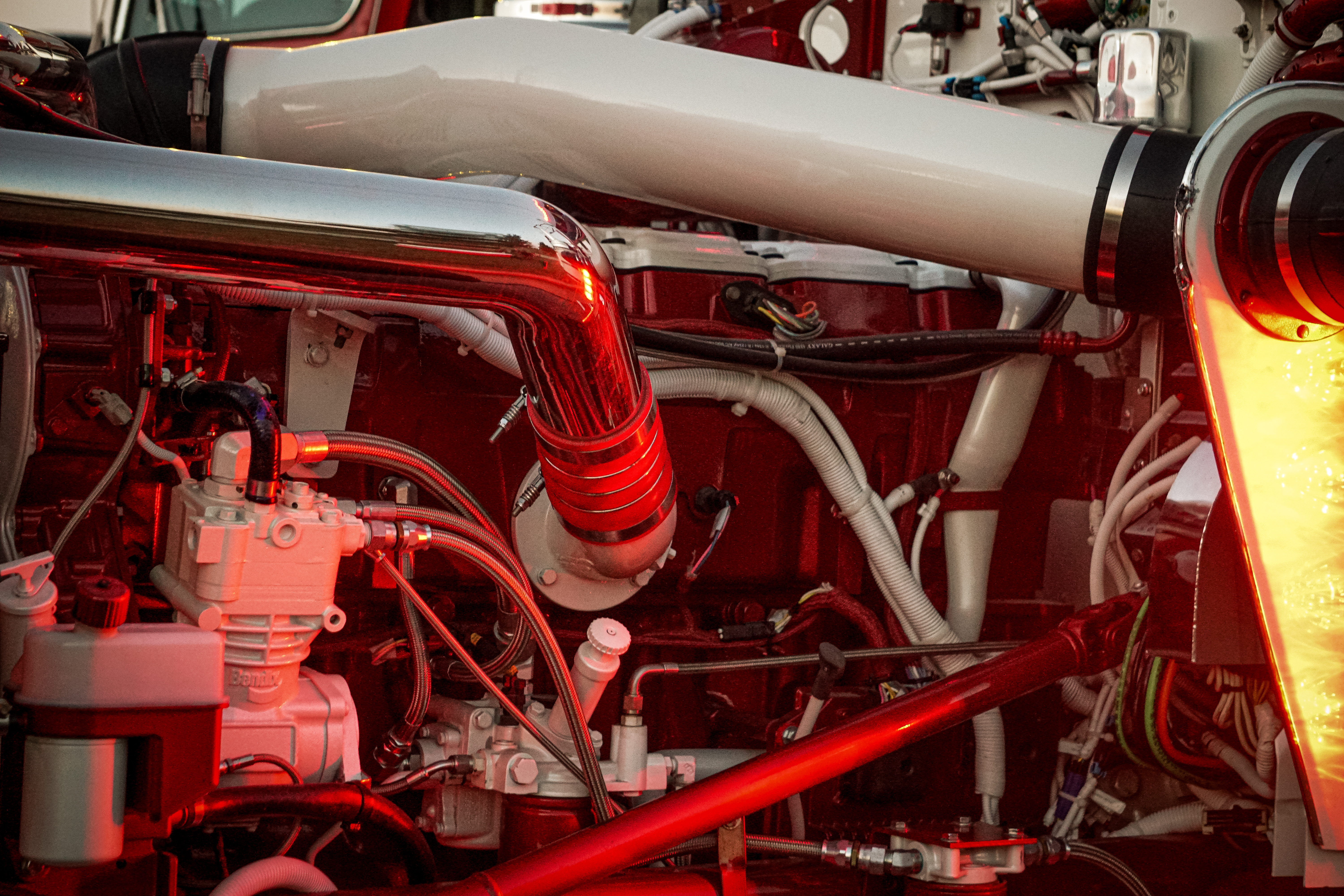 Semi truck diesel engine components under the hood