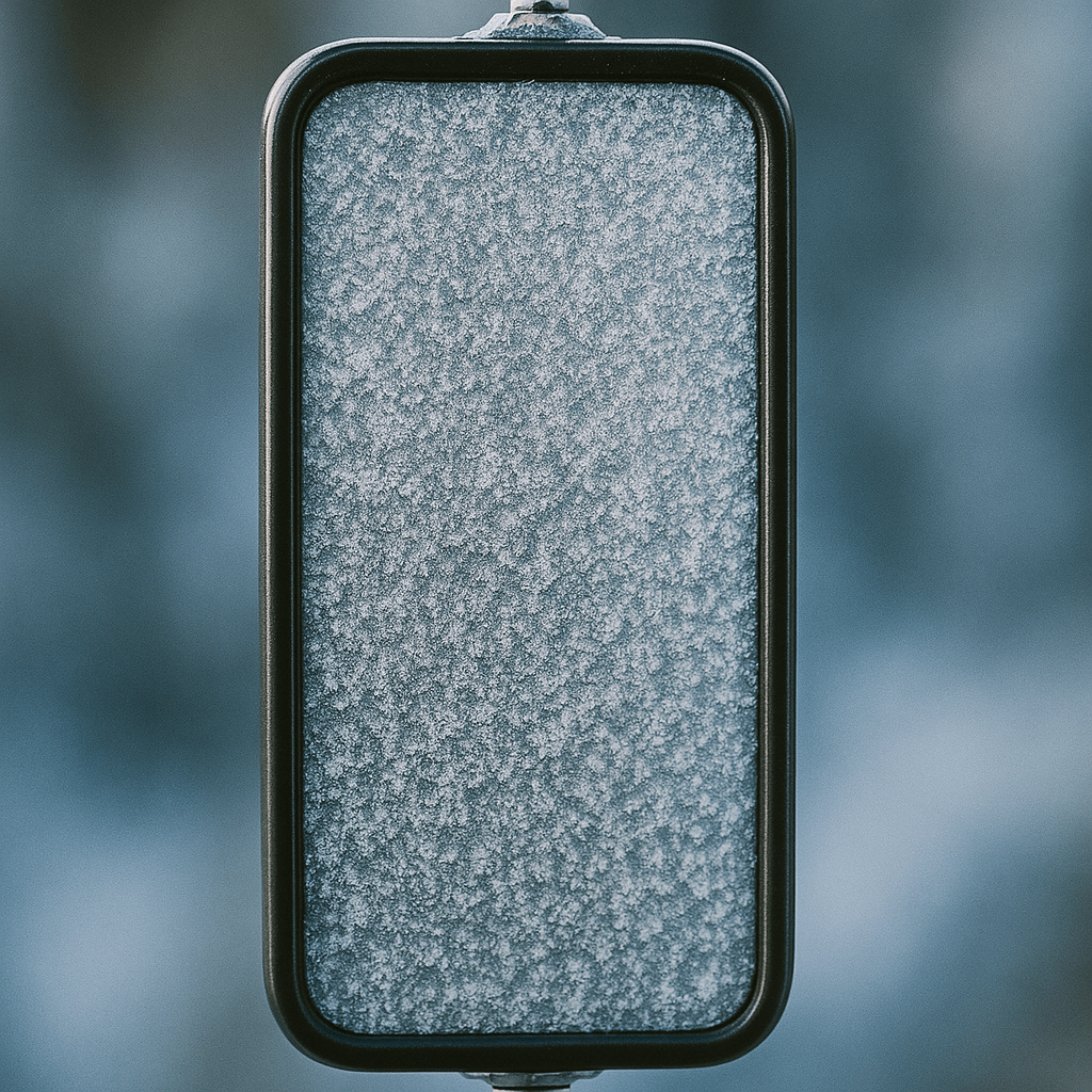 Semi Truck West Coast Mirror Frosted by Winter Temperatures